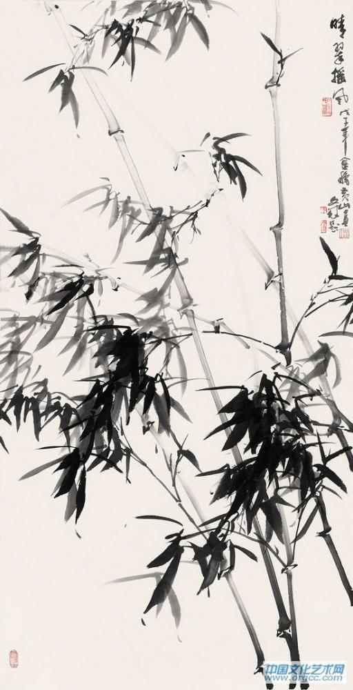 画家黄山花鸟作品《晴翠摇风》