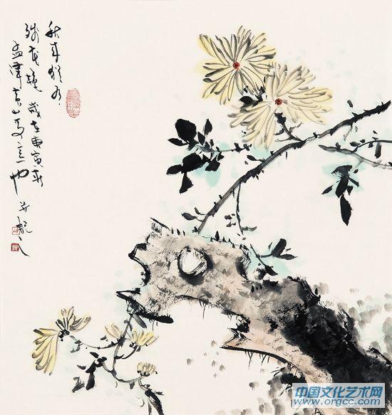 画家黄山花鸟作品《秋来犹有残花艳》
