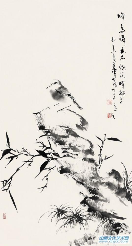 画家黄山花鸟作品《瑞鸟怜幽石》
