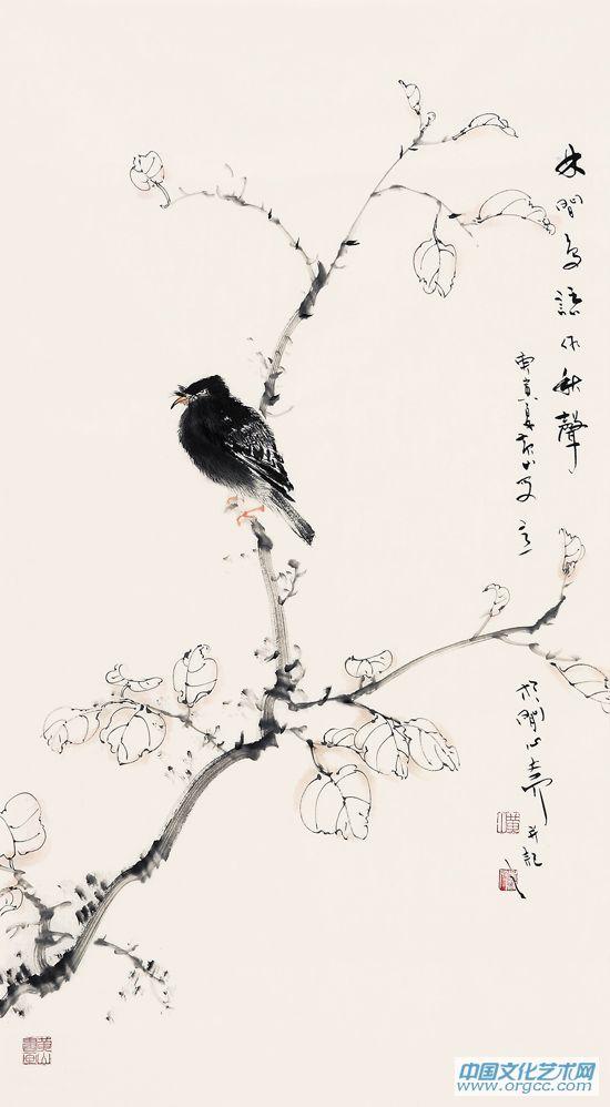 画家黄山花鸟作品《林间鸟语作秋声》