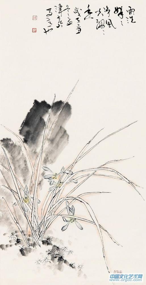 画家黄山花鸟作品《雨洗涓涓净》
