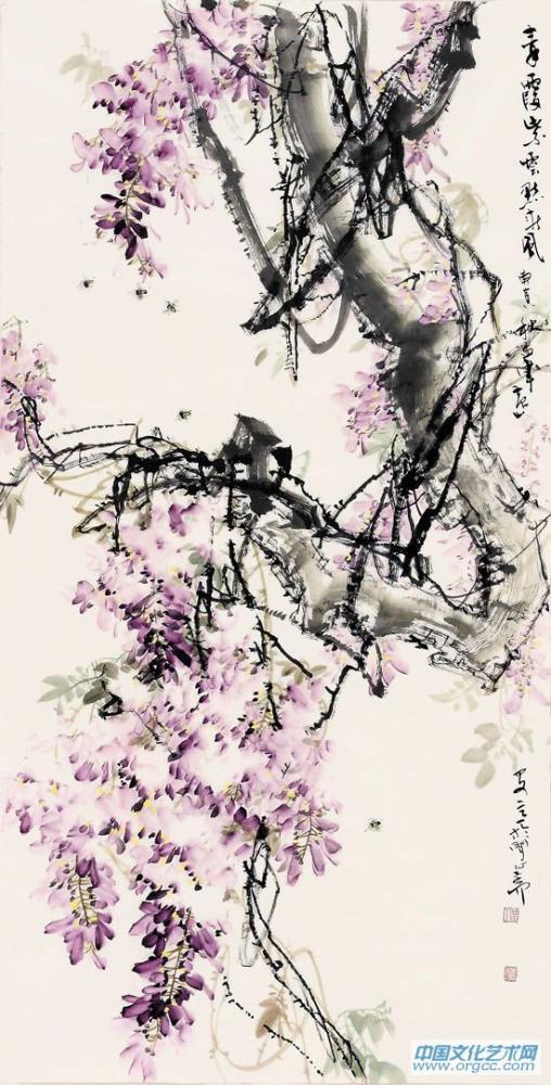 画家黄山花鸟作品《青霞紫云点秋风》