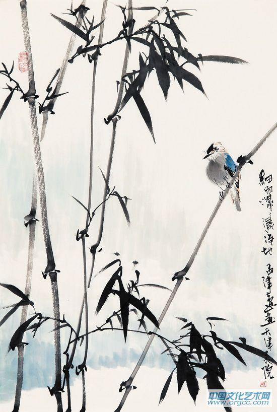 画家黄山花鸟作品《细雨濛濛湿净地》