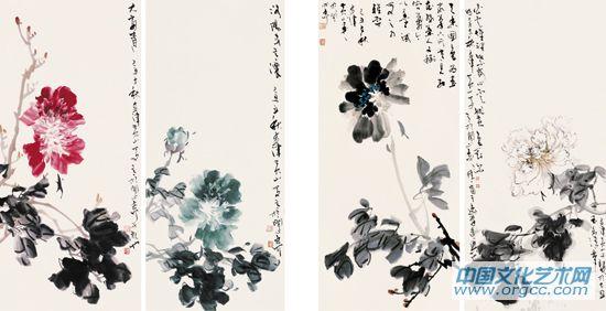 画家黄山花鸟作品《牡丹四条屏》