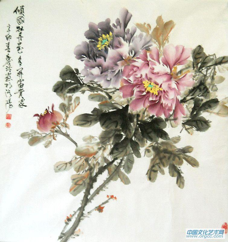 画家闫秀伶花鸟作品《倾国牡丹花多开富贵家》