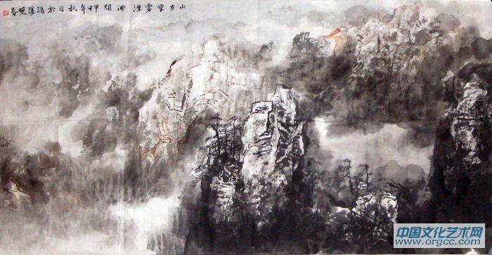 画家杜晓春山水作品《山在云雾飘渺间》