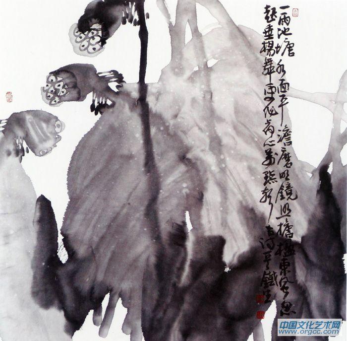 画家索铁生花鸟作品《一雨池塘水面平》