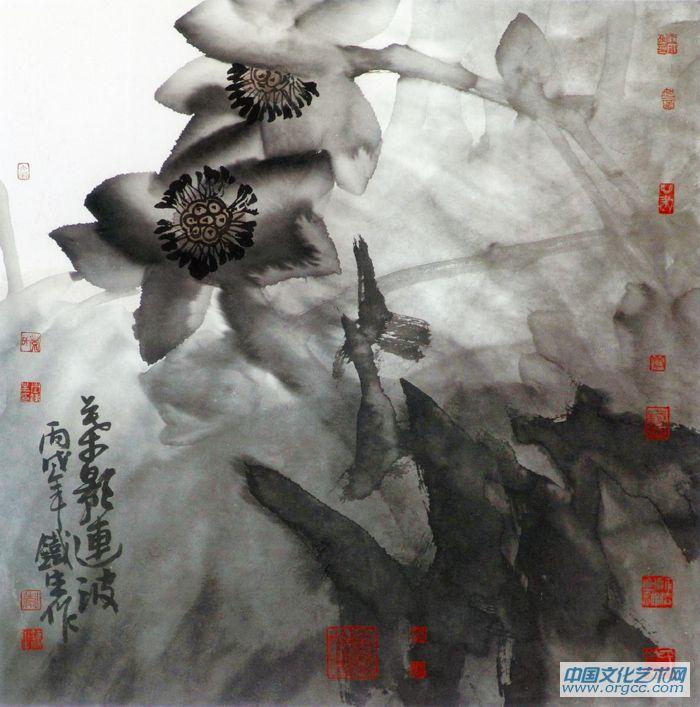 画家索铁生花鸟作品《叶影涟波》