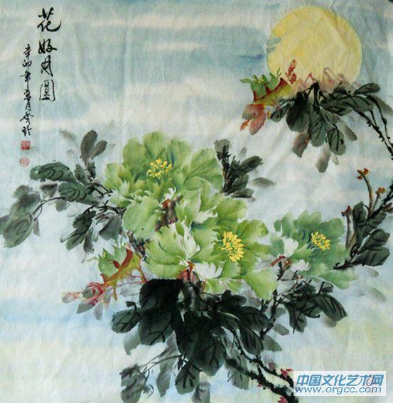 画家闫秀伶花鸟作品《花好月圆》