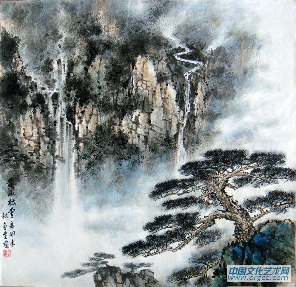 黄山松瀑（斗方）