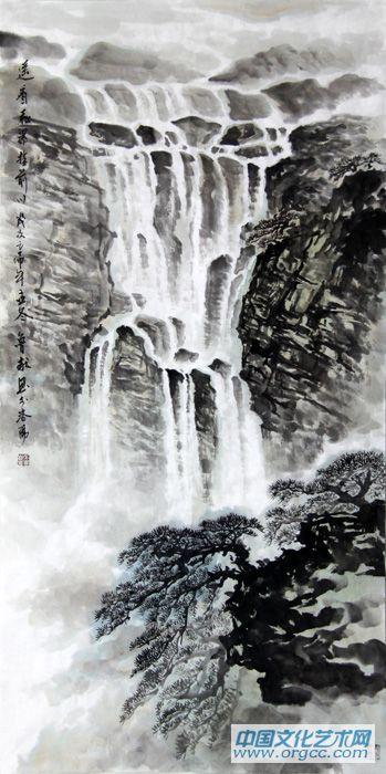 书画家左鲁献山水作品《遥看飞瀑挂前川》