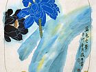画家索铁生花鸟扇面作品《蓝色之梦》