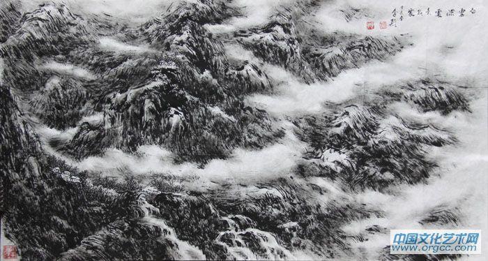 画家李颠焦墨山水作品《白云深处有人家》