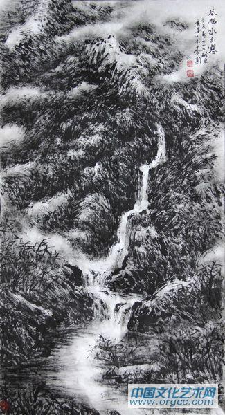 画家李颠焦墨山水作品《谷幽水亦寒》
