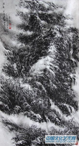 画家李颠焦墨山水作品《瀑声》