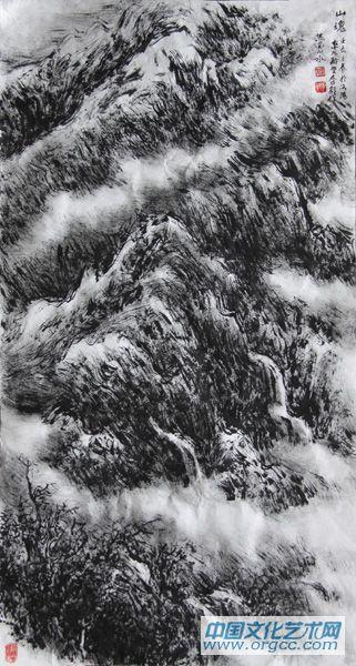 画家李颠焦墨山水作品《山魂》