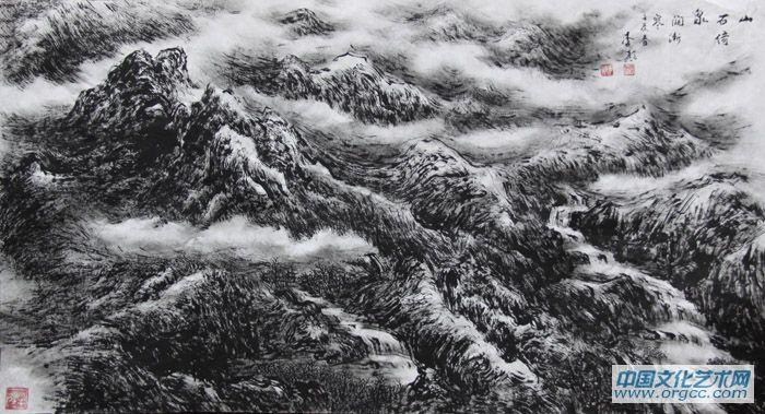 画家李颠焦墨山水作品