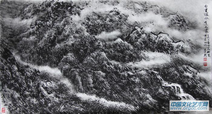 画家李颠焦墨山水作品《白云深处有人家》