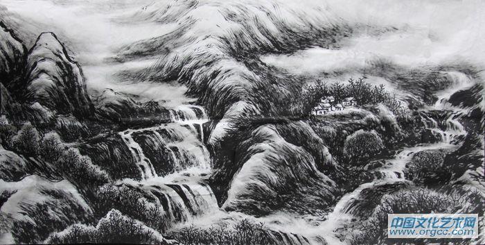 画家李颠焦墨山水作品