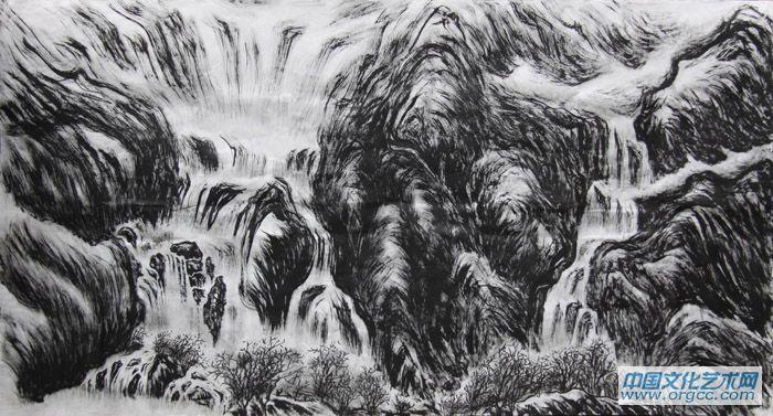 画家李颠焦墨山水作品