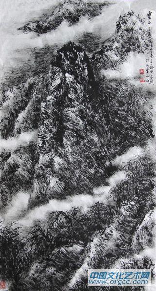 画家李颠焦墨山水作品《云山之春》
