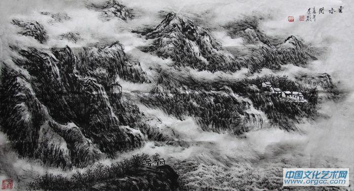 画家李颠焦墨山水作品《云水间》