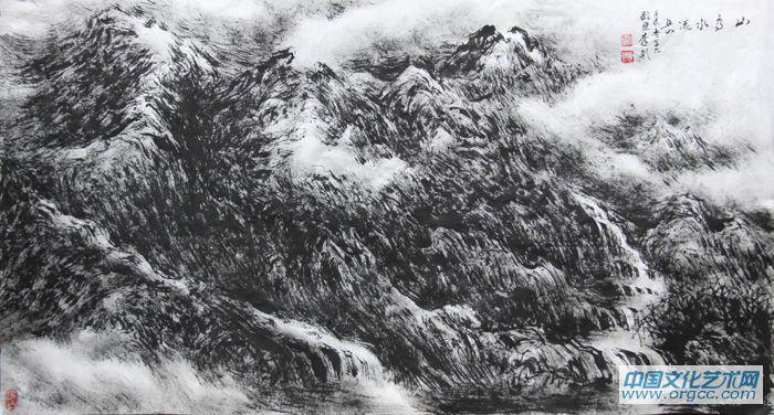 画家李颠焦墨山水作品《山高水流长》
