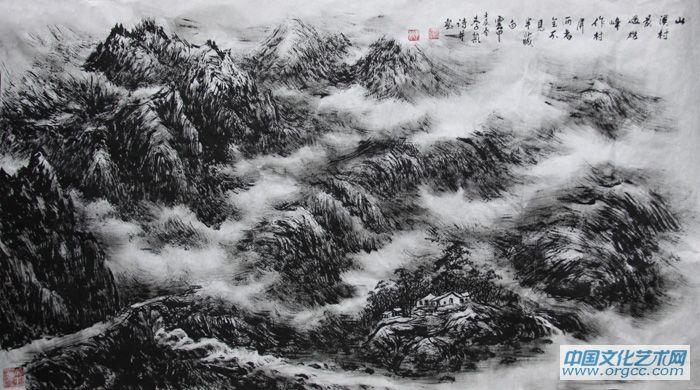 画家李颠焦墨山水作品