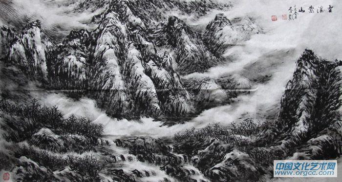 画家李颠焦墨山水作品《云湿嵩山》