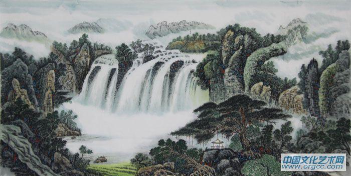 画家闫秀伶山水作品《凉亭观瀑》