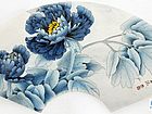 画家索铁生工笔牡丹扇面作品