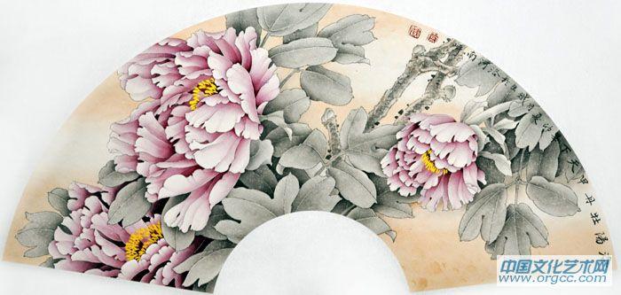 画家索铁生工笔牡丹扇面作品