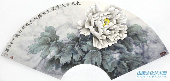 画家索铁生工笔牡丹扇面作品