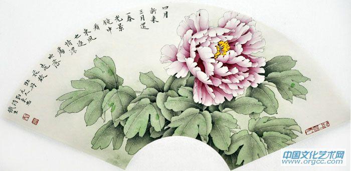 画家索铁生工笔牡丹扇面作品