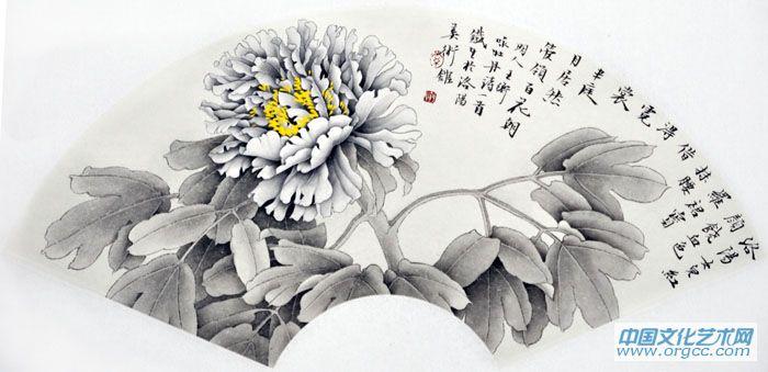 画家索铁生工笔牡丹扇面作品