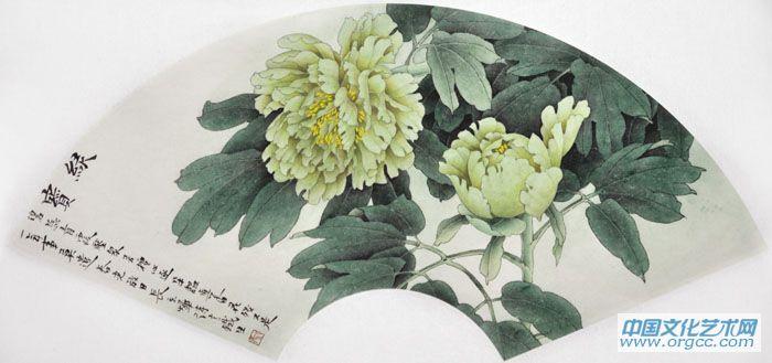 画家索铁生工笔牡丹扇面作品