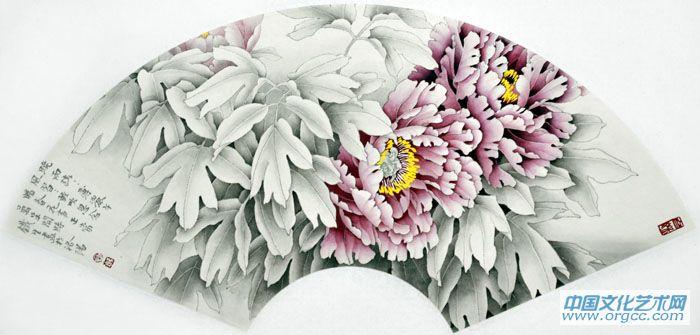 画家索铁生工笔牡丹扇面作品