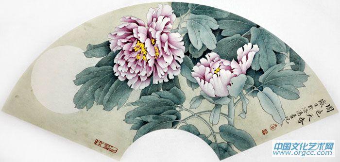 画家索铁生工笔牡丹扇面作品