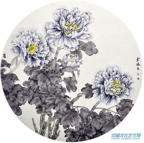 画家索铁生工笔牡丹扇面作品