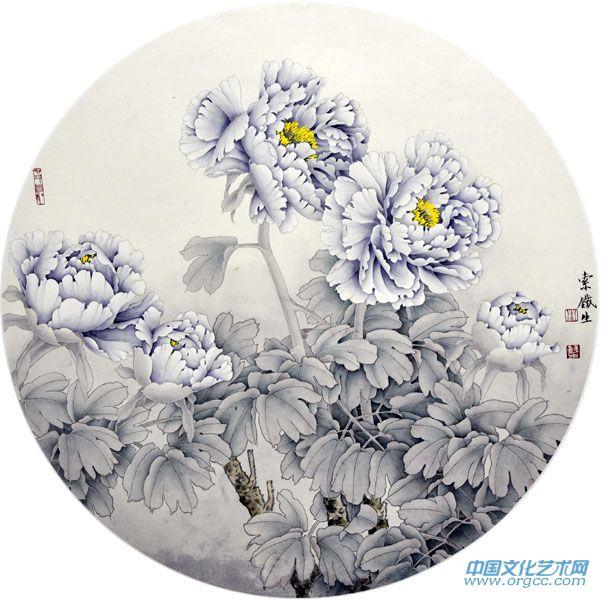 画家索铁生工笔牡丹扇面作品