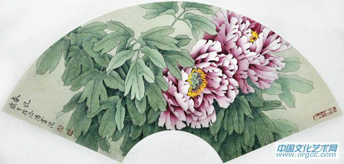 画家索铁生工笔牡丹扇面作品