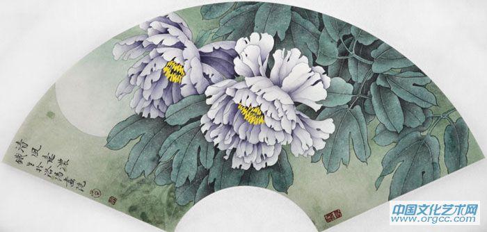 画家索铁生工笔牡丹扇面作品