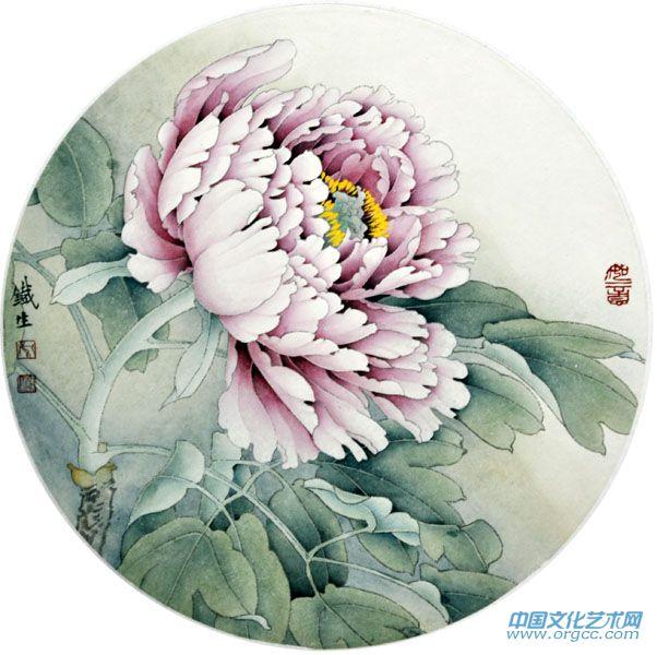 画家索铁生工笔牡丹扇面作品