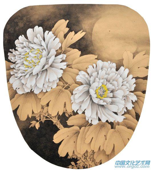 画家索铁生工笔牡丹扇面作品