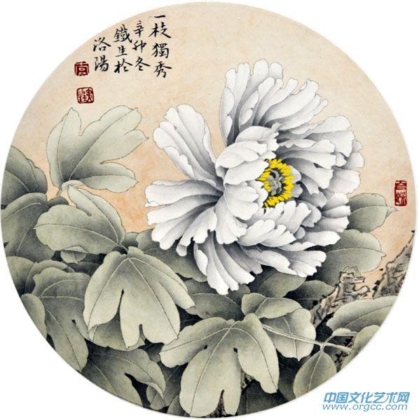 画家索铁生工笔牡丹扇面作品