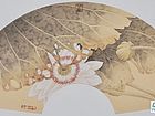 画家索铁生扇面花鸟作品《风翻荷叶》