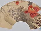 画家索铁生扇面花鸟作品《红白荷花香》