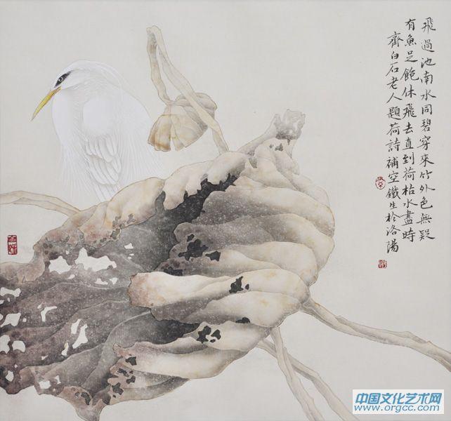 画家索铁生扇面花鸟作品《飞过池南水》