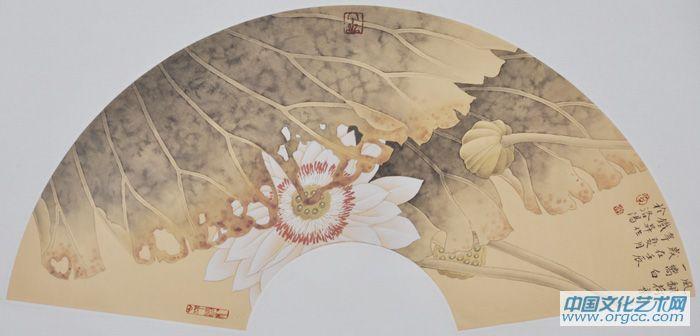画家索铁生扇面花鸟作品《风翻荷叶》