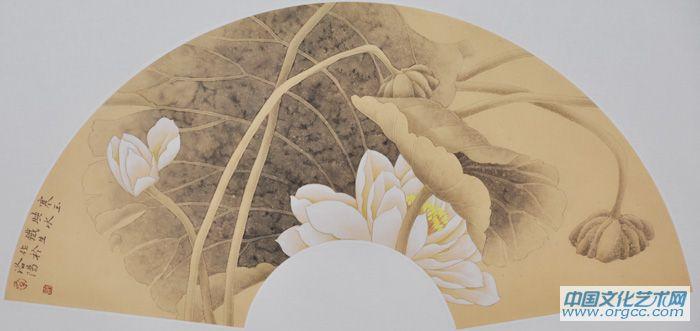 画家索铁生扇面花鸟作品《寒玉映水》